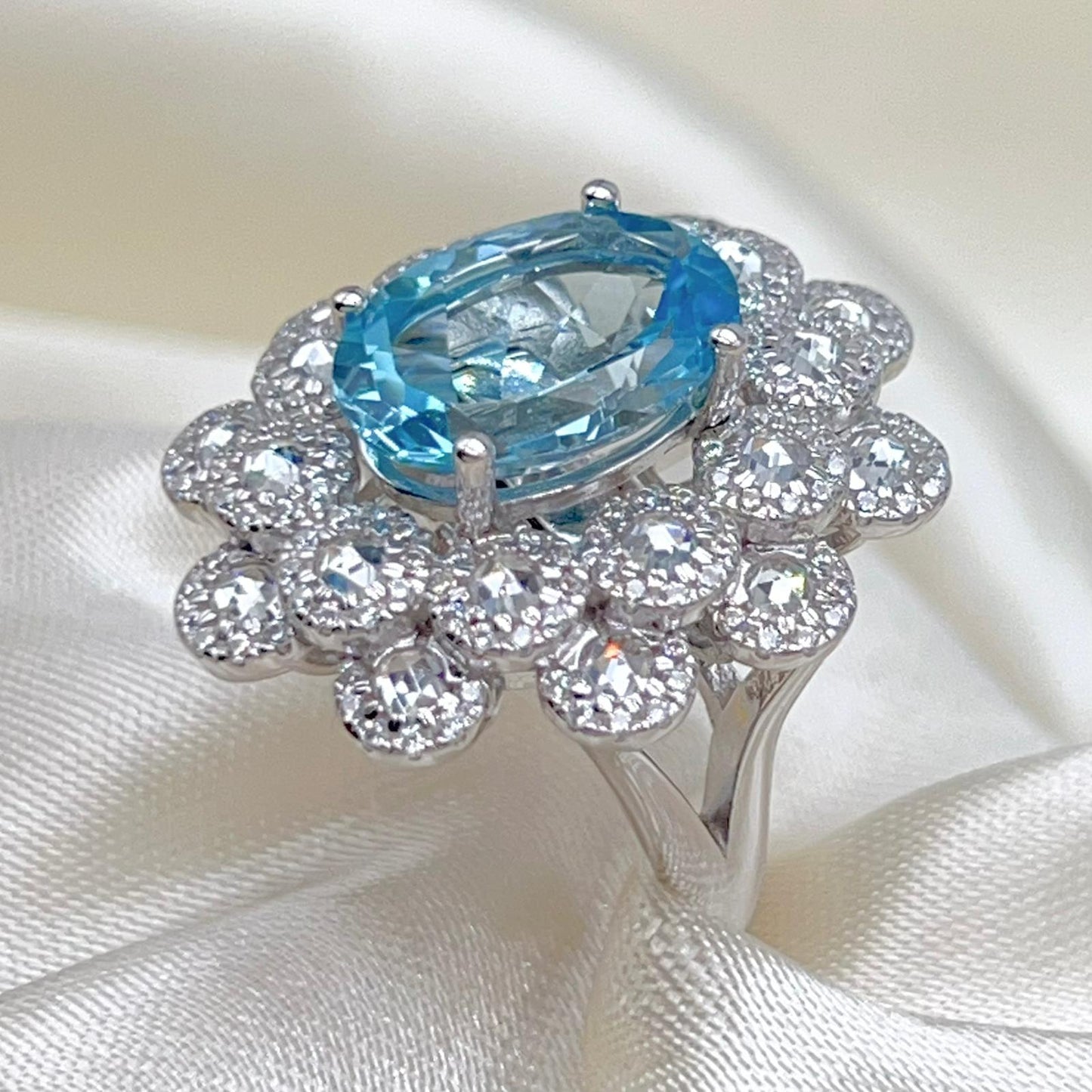 Oval Blue Topaz Mega Cluster Halo Ring Silver 925
