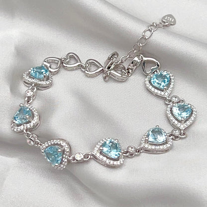 Heart Blue Topaz Halo Link Bracelet Silver 925