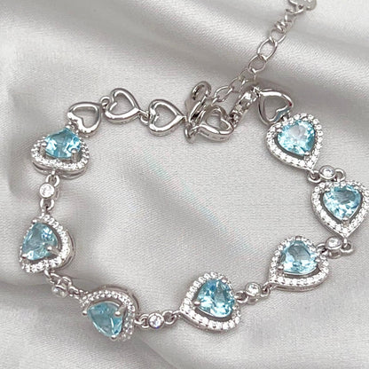 Heart Blue Topaz Halo Link Bracelet Silver 925