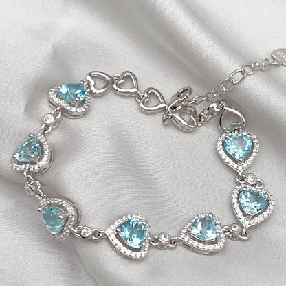Heart Blue Topaz Halo Link Bracelet Silver 925
