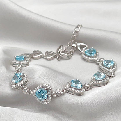 Heart Blue Topaz Halo Link Bracelet Silver 925