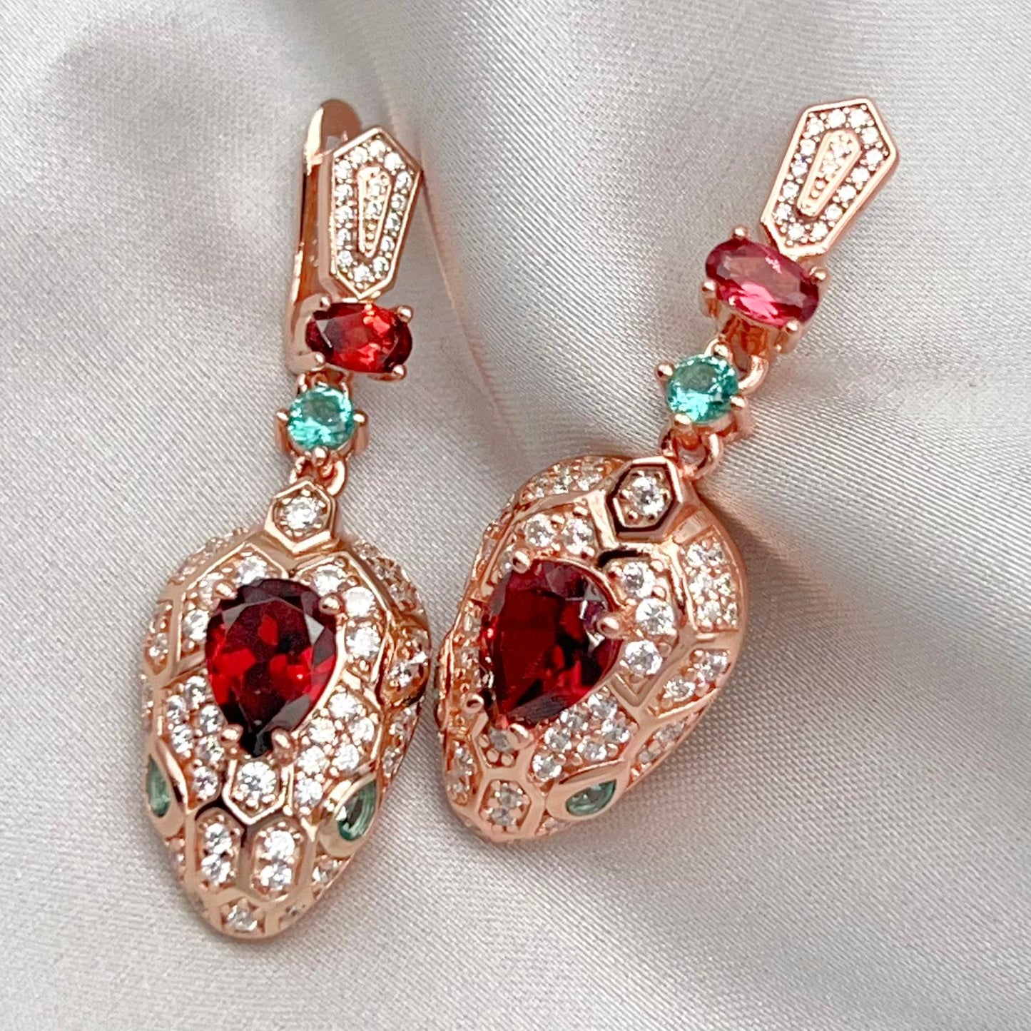 Rose Gold Garnet Pave Dangle Earrings Silver 925
