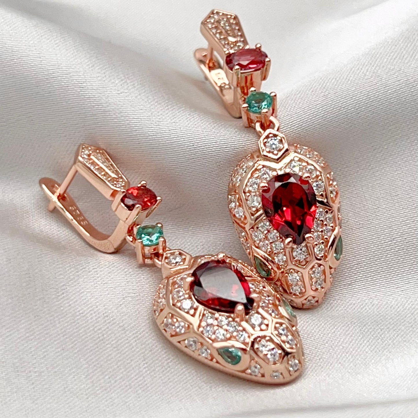 Rose Gold Garnet Pave Dangle Earrings Silver 925