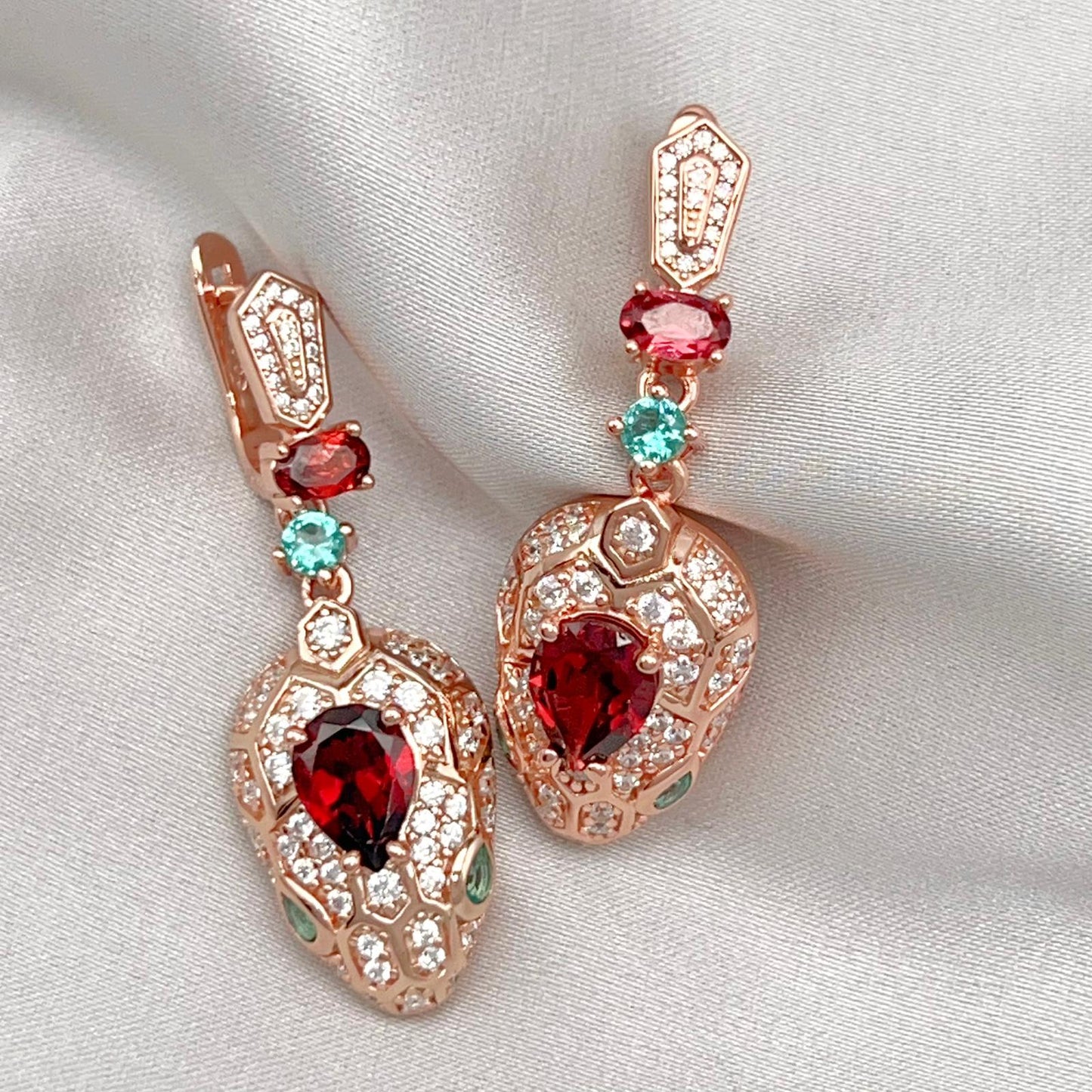 Rose Gold Garnet Pave Dangle Earrings Silver 925