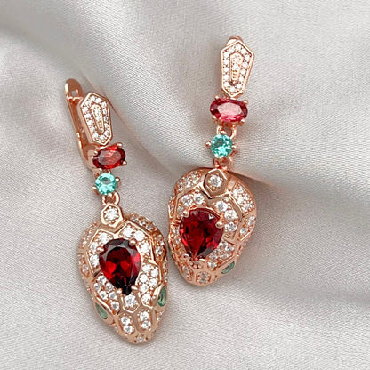 Rose Gold Garnet Pave Dangle Earrings Silver 925