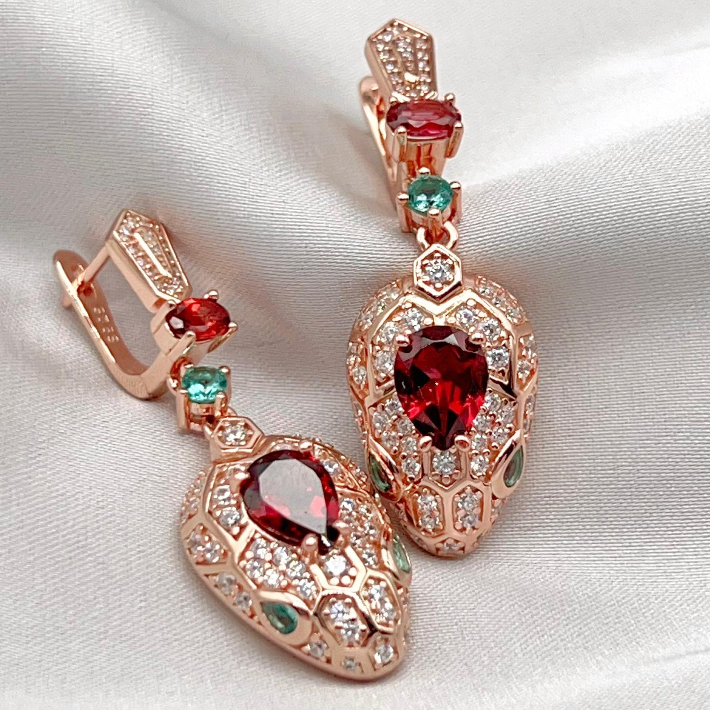 Rose Gold Garnet Pave Dangle Earrings Silver 925