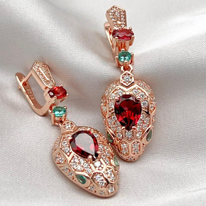 Rose Gold Garnet Pave Dangle Earrings Silver 925