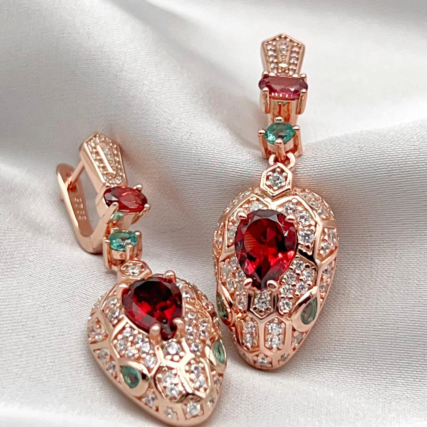 Rose Gold Garnet Pave Dangle Earrings Silver 925