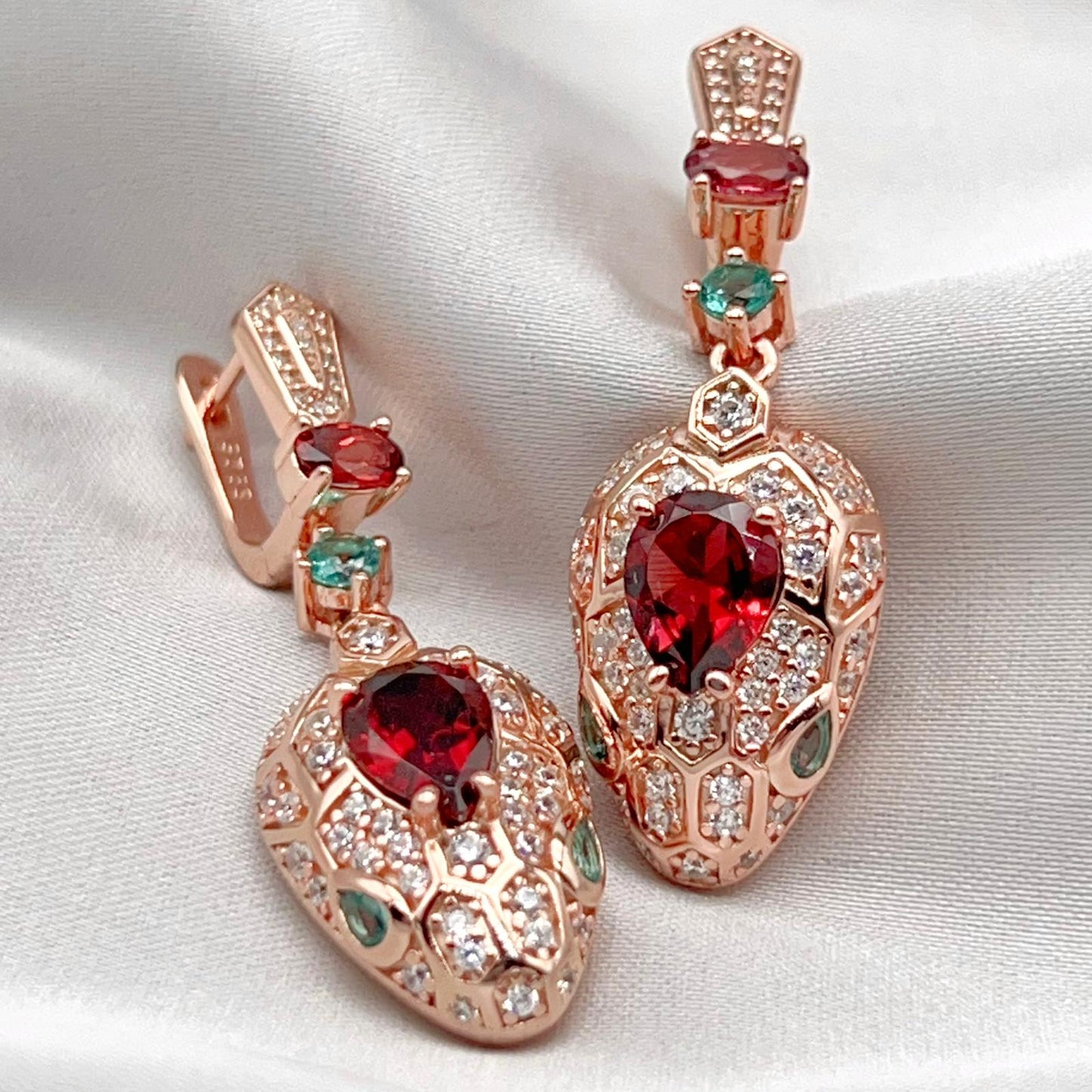 Rose Gold Garnet Pave Dangle Earrings Silver 925