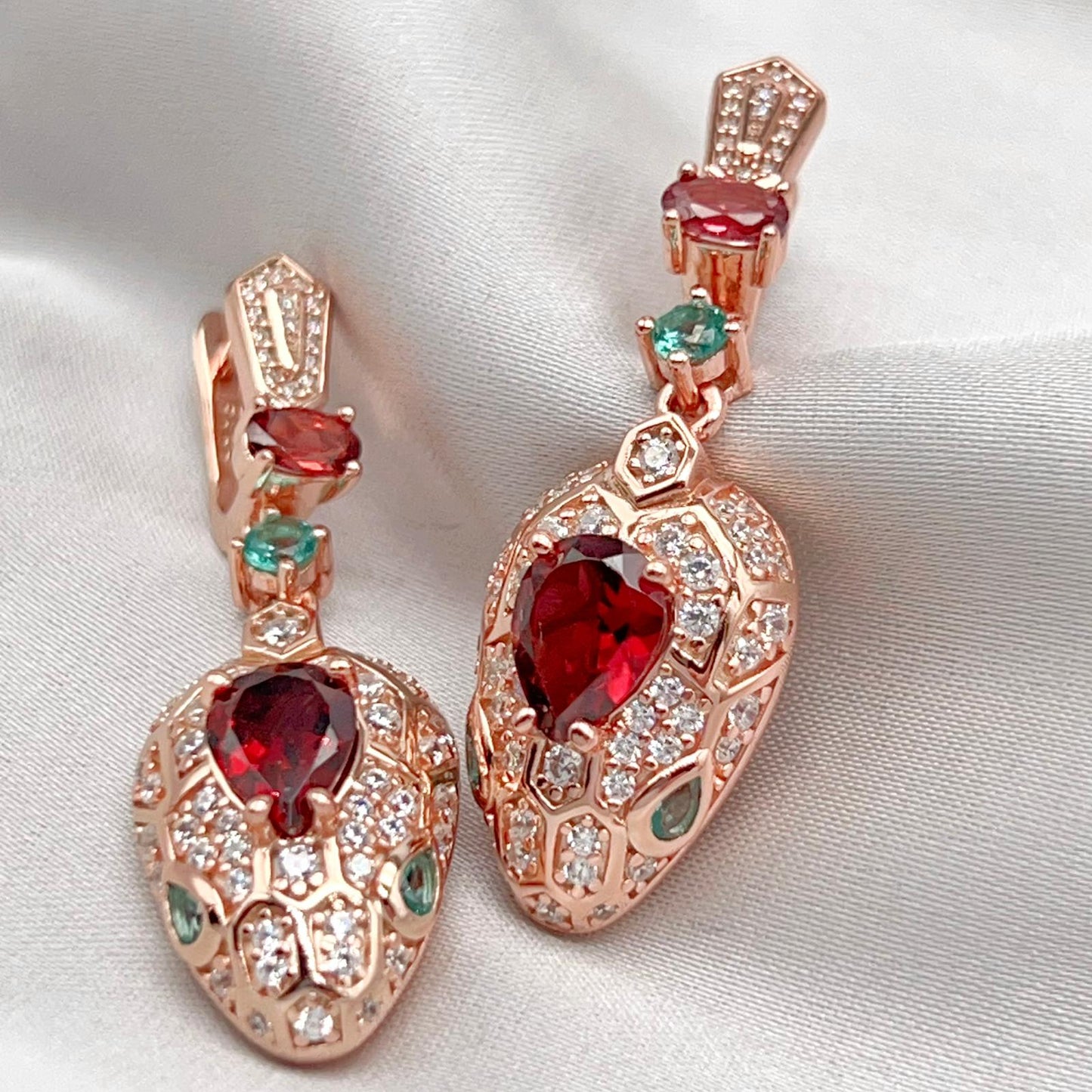 Rose Gold Garnet Pave Dangle Earrings Silver 925