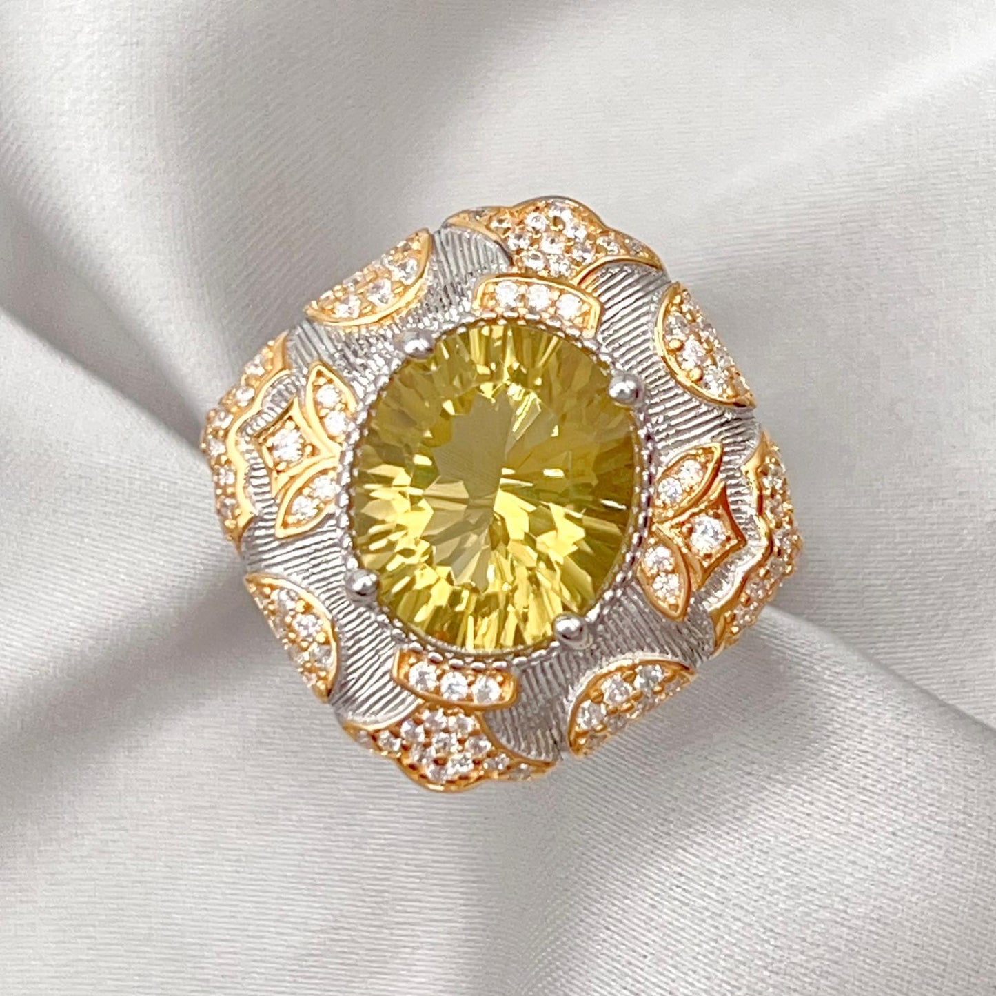Citrine Flower Pave Cocktail Ring Silver 925