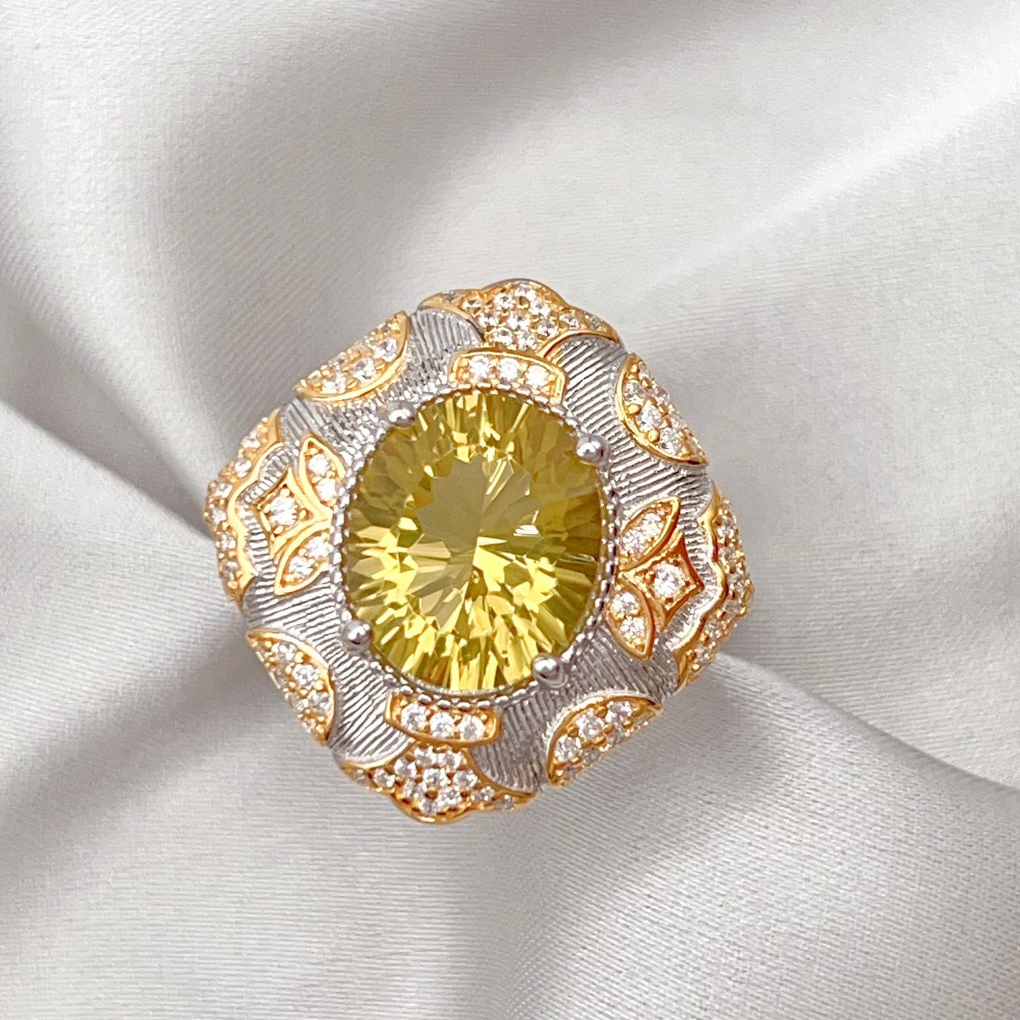 Citrine Flower Pave Cocktail Ring Silver 925