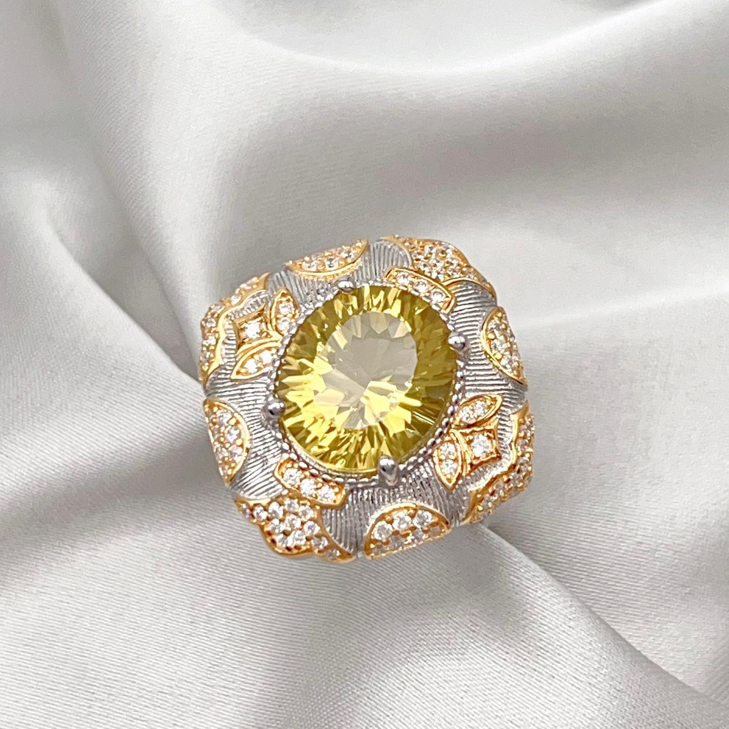 Citrine Flower Pave Cocktail Ring Silver 925