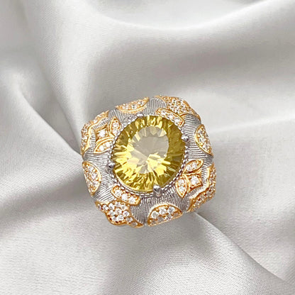 Citrine Flower Pave Cocktail Ring Silver 925