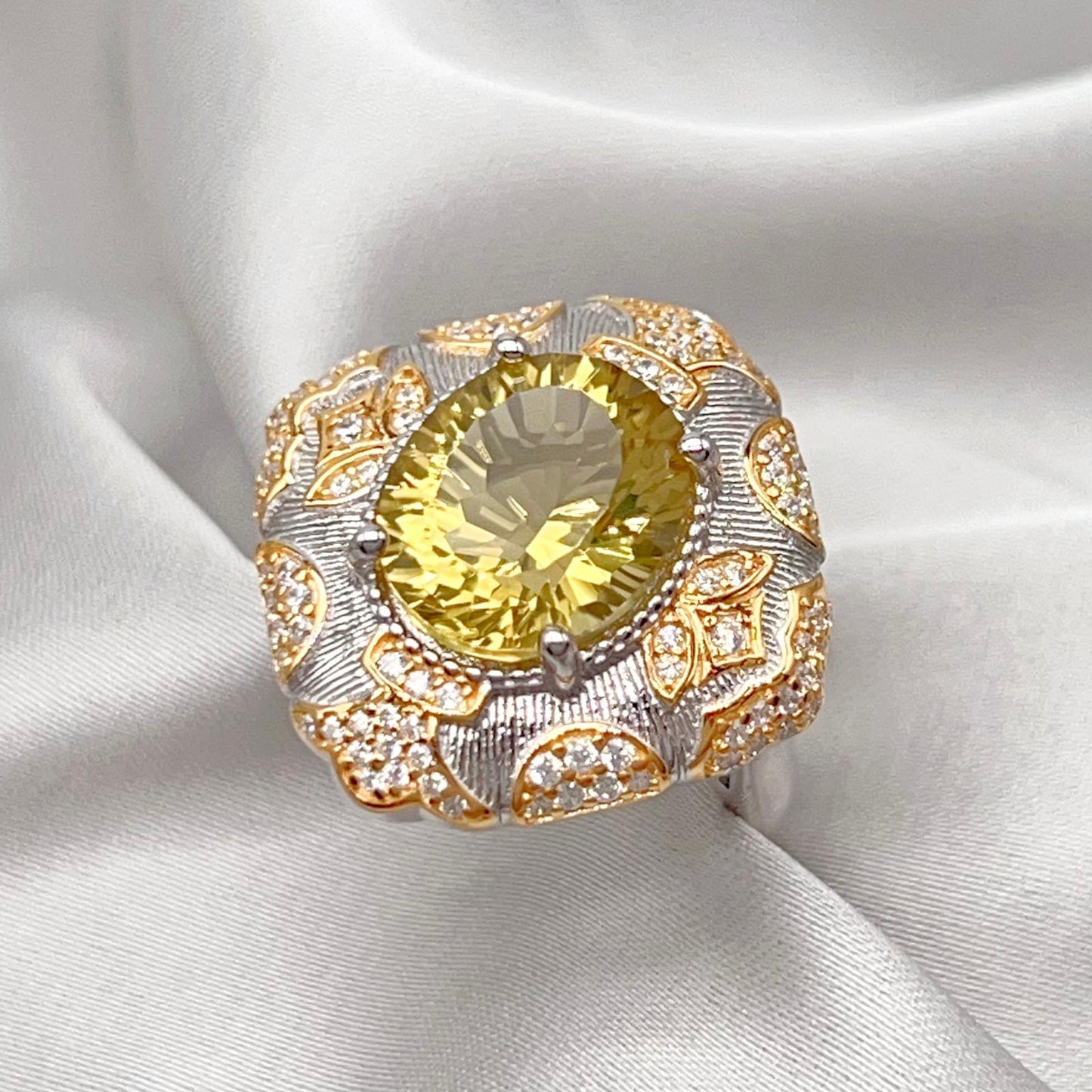 Citrine Flower Pave Cocktail Ring Silver 925