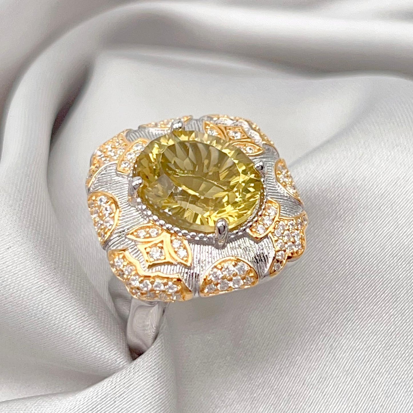 Citrine Flower Pave Cocktail Ring Silver 925