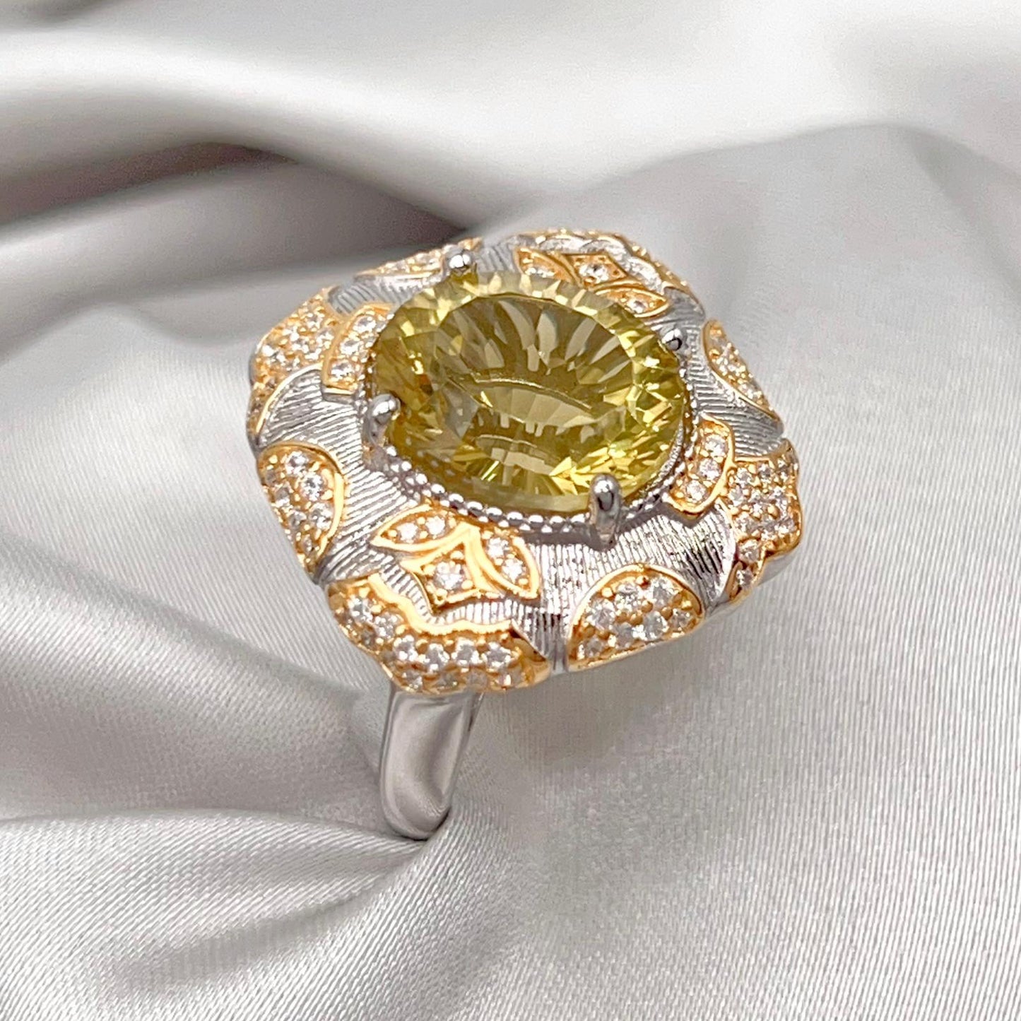 Citrine Flower Pave Cocktail Ring Silver 925