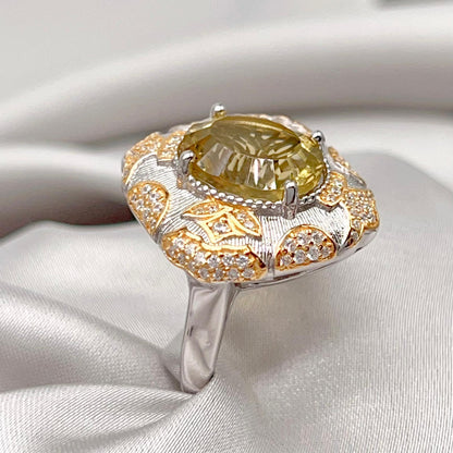 Citrine Flower Pave Cocktail Ring Silver 925