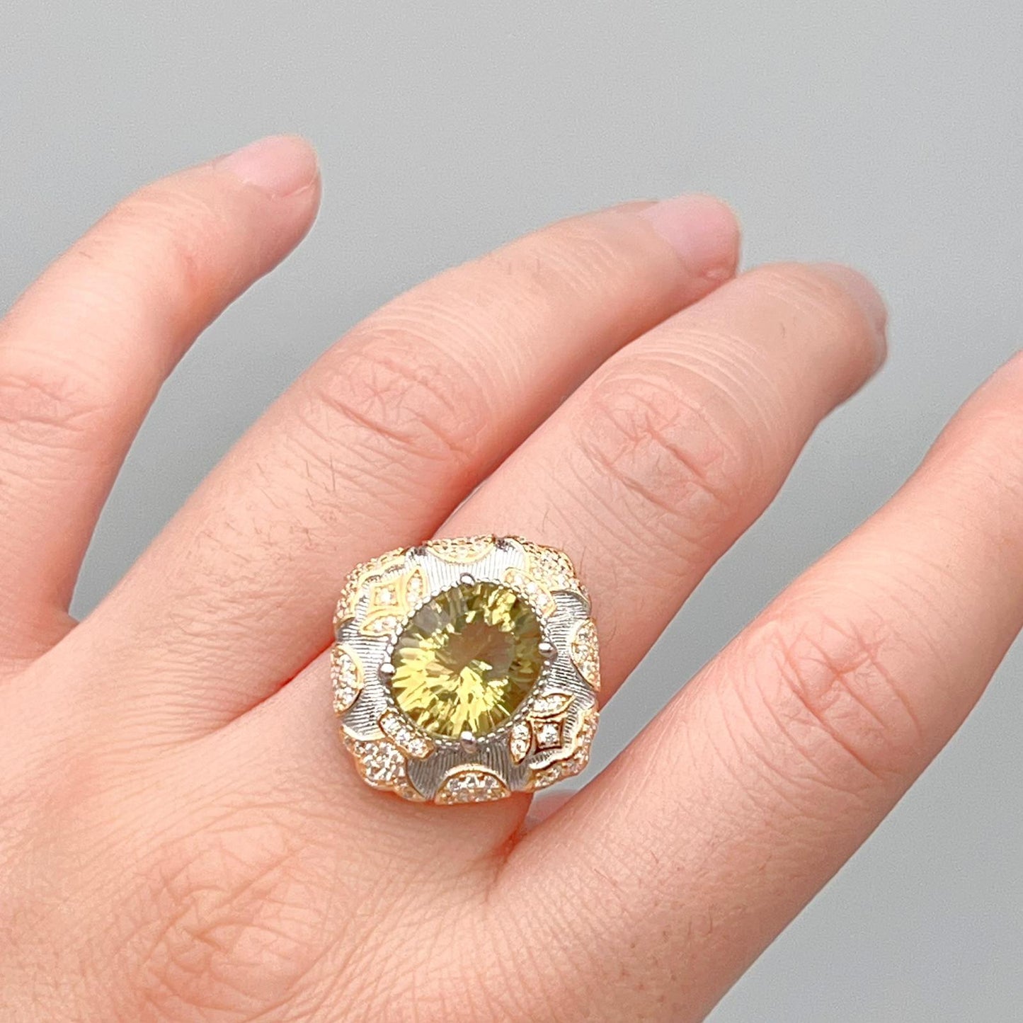 Citrine Flower Pave Cocktail Ring Silver 925
