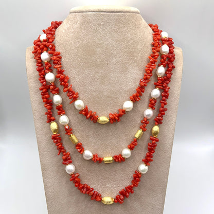 Italian Artisan Collection . Coral & Pearl 3 Layer Necklace in Silver 925 . Olive & Pillar