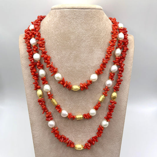 Italian Artisan Collection . Coral & Pearl 3 Layer Necklace in Silver 925 . Olive & Pillar