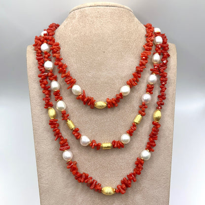 Italian Artisan Collection . Coral & Pearl 3 Layer Necklace in Silver 925 . Olive & Pillar