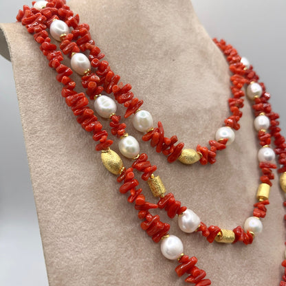 Italian Artisan Collection . Coral & Pearl 3 Layer Necklace in Silver 925 . Olive & Pillar