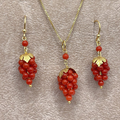 Italian Artisan Collection. Coral Earring & Necklace in Silver 925. Sardine Red Coral