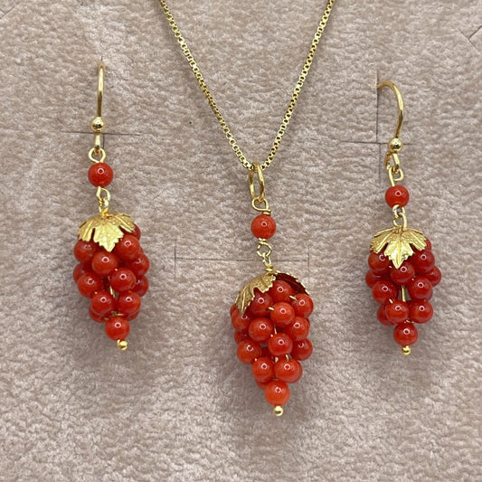 Italian Artisan Collection. Coral Earring & Necklace in Silver 925. Sardine Red Coral