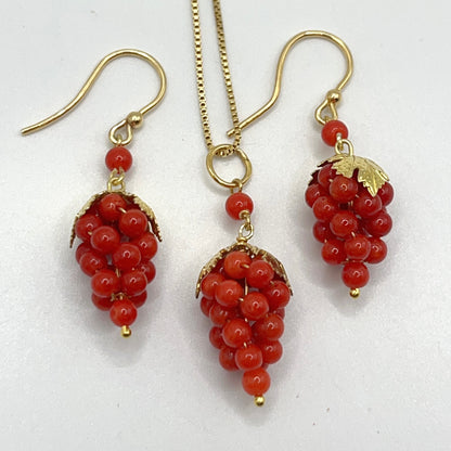 Italian Artisan Collection. Coral Earring & Necklace in Silver 925. Sardine Red Coral