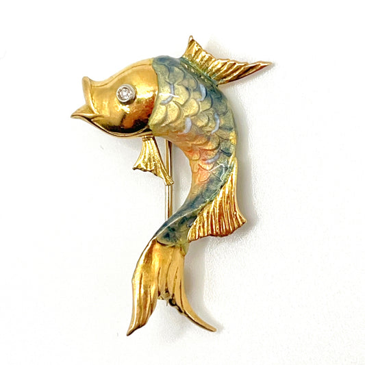 Vintage . 18K gold Painted Enamel with Diamond . Koi Pin