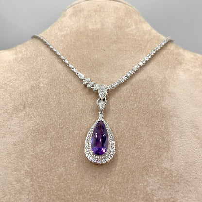 Contemporary Cocktail. Amethyst Drop Shape Pendant with Detachable Versatile Chain in Silver 925