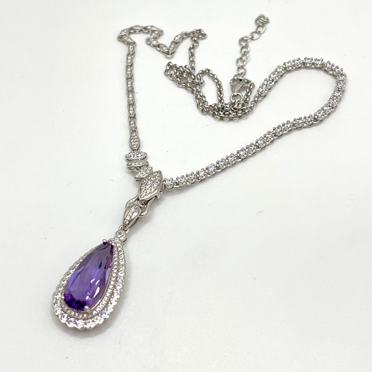 Contemporary Cocktail. Amethyst Drop Shape Pendant with Detachable Versatile Chain in Silver 925