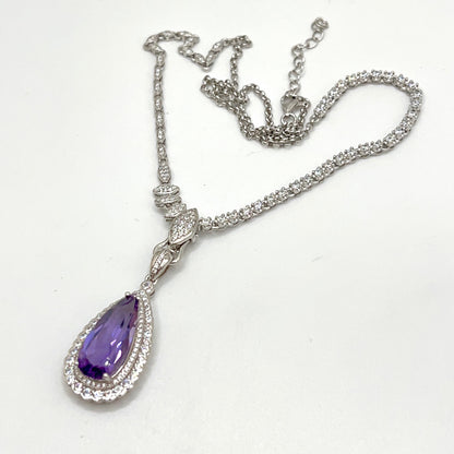 Contemporary Cocktail. Amethyst Drop Shape Pendant with Detachable Versatile Chain in Silver 925