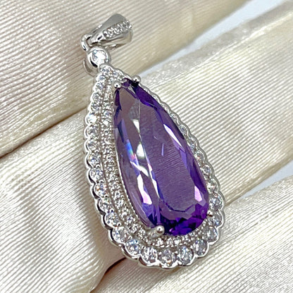 Contemporary Cocktail. Amethyst Drop Shape Pendant with Detachable Versatile Chain in Silver 925