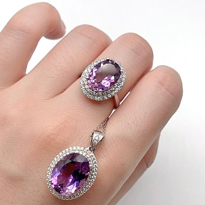 Contemporary Cocktail . Amethyst Necklace & Ring in Silver 925. Oval