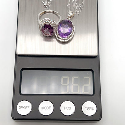 Contemporary Cocktail . Amethyst Necklace & Ring in Silver 925. Oval