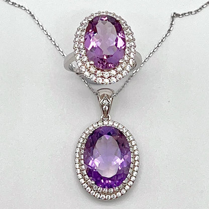 Contemporary Cocktail . Amethyst Necklace & Ring in Silver 925. Oval