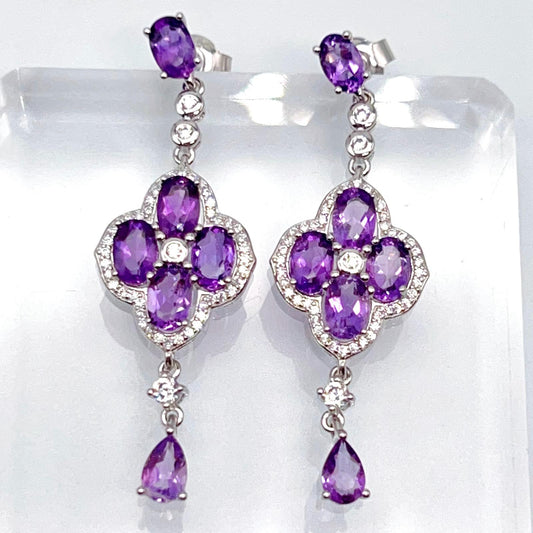 Contemporary Cocktail. Earring in Silver 925 with Amethyst. Clover & Drop