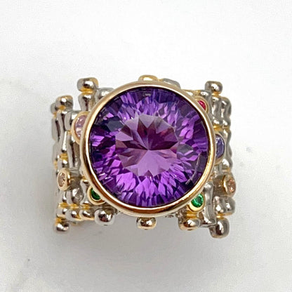 Retro Wind. Ring of Amethyst in Silver. Round Multi-color Zircon