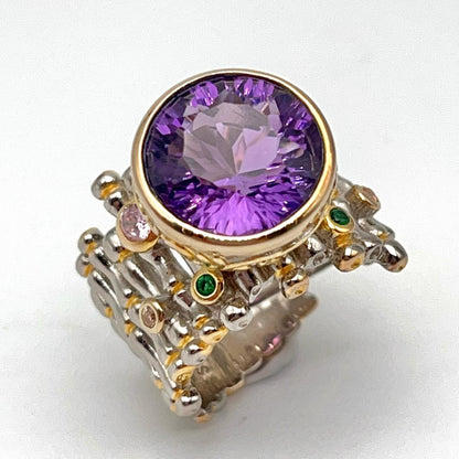 Retro Wind. Ring of Amethyst in Silver. Round Multi-color Zircon