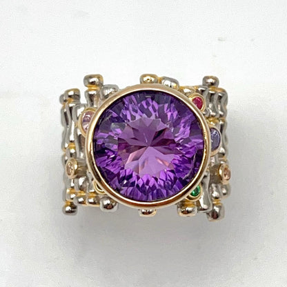 Retro Wind. Ring of Amethyst in Silver. Round Multi-color Zircon