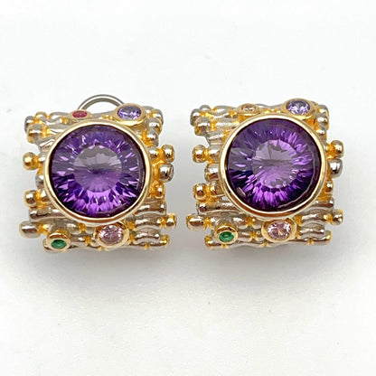 Retro Wind. Earring of Amethyst in Silver. Round. Multi-color Zircon
