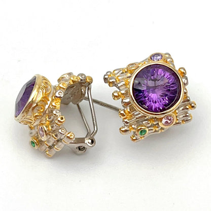 Retro Wind. Earring of Amethyst in Silver. Round. Multi-color Zircon