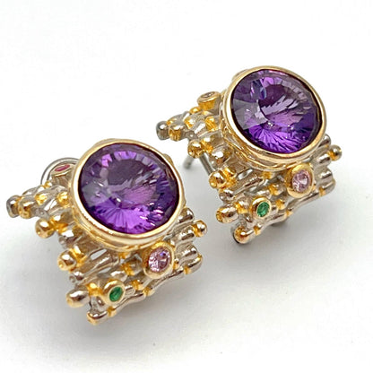 Retro Wind. Earring of Amethyst in Silver. Round. Multi-color Zircon