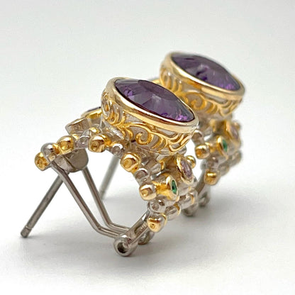 Retro Wind. Earring of Amethyst in Silver. Round. Multi-color Zircon