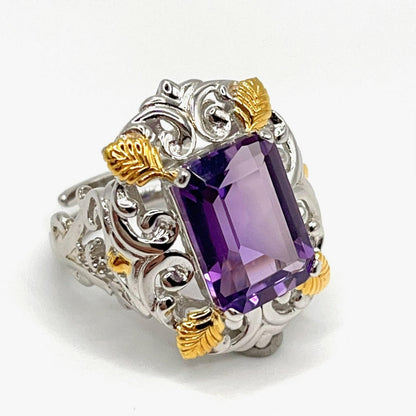 Contemporary Cocktail . Ring of Amethyst in Baroque Frame in Silver 925