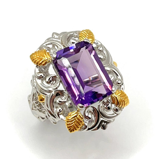 Contemporary Cocktail . Ring of Amethyst in Baroque Frame in Silver 925