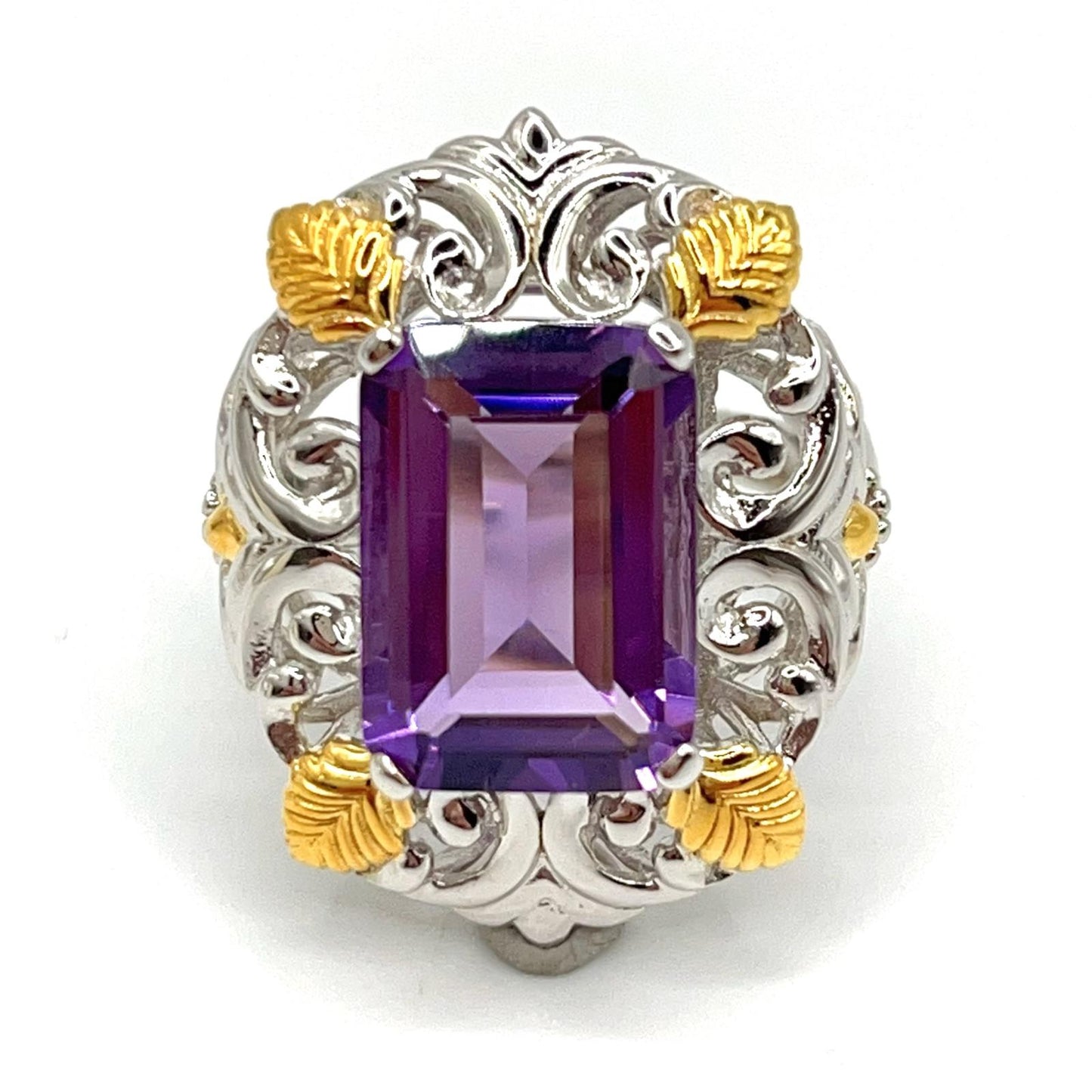 Contemporary Cocktail . Ring of Amethyst in Baroque Frame in Silver 925
