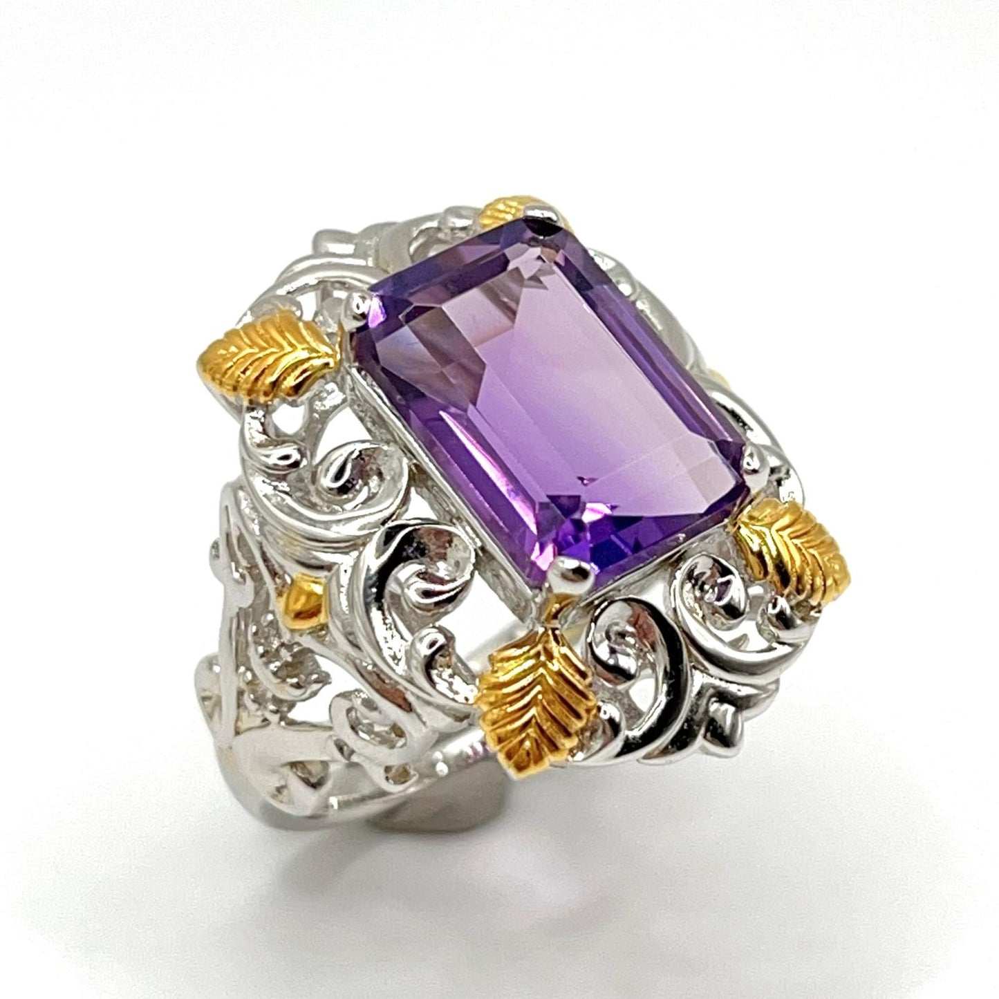 Contemporary Cocktail . Ring of Amethyst in Baroque Frame in Silver 925